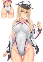 Rule 34 | 1girl, anger vein, ass, bare shoulders, blonde hair, blue eyes, blush, breasts, clenched hand, collarbone, commentary, competition swimsuit, covered navel, cowboy shot, cropped legs, english commentary, graf zeppelin (kancolle), grey one-piece swimsuit, groin, hand up, hat, highres, jacket, kantai collection, large breasts, long hair, long sleeves, looking at viewer, mickey dunn, mole, mole under eye, multiple views, off shoulder, one-piece swimsuit, open clothes, open jacket, peaked cap, sidelocks, simple background, spoken anger vein, standing, swimsuit, thighs, white background, white jacket