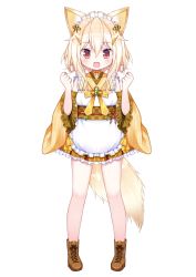Rule 34 | 1girl, :d, animal ears, apron, asahi nano (cafe omusubiya), bare legs, blonde hair, boots, cafe omusubiya, clenched hands, d omm, detached sleeves, fang, fox ears, fox tail, frilled skirt, frilled sleeves, frills, full body, highres, maid, maid apron, maid headdress, miniskirt, open mouth, red eyes, sash, short hair, skirt, smile, tail, virtual youtuber, wa maid, wide sleeves