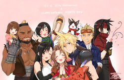 Rule 34 | 4girls, aerith gainsborough, armor, ascot, asymmetrical bangs, barret wallace, beard, belt, black hair, blonde hair, blue eyes, blue jacket, blue shirt, blush, bracelet, brown eyes, brown hair, brown vest, cait sith (ff7), cape, cat, cid highwind, cigarette, closed eyes, cloud strife, crown, curly hair, dog tags, dress, everyone, facial hair, final fantasy, final fantasy vii, fingerless gloves, gloves, goggles, goggles on head, green shirt, headband, highres, jacket, jewelry, krudears, long hair, marlene wallace, multiple boys, multiple girls, one eye closed, own hands clasped, pink dress, prosthesis, prosthetic hand, red cape, red fur, red jacket, red xiii, ribbon, scar, scar on face, shirt, short hair, shoulder armor, spiked hair, sports bra, square enix, straight hair, suspenders, tifa lockhart, turtleneck, vest, vincent valentine, white gloves, wink, yellow eyes, yuffie kisaragi