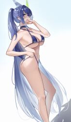Rule 34 | 1girl, absurdres, ass, azur lane, bikini, bikini pull, blue bikini, blue eyes, blue hair, blush, breasts, clothes pull, commentary, covering own mouth, crossed bangs, dutch angle, feet out of frame, gradient background, highleg, highleg bikini, highres, large breasts, long hair, maanu, new jersey (azur lane), new jersey (midsummer leisure) (azur lane), official alternate costume, ponytail, sidelocks, solo, standing, swimsuit, very long hair