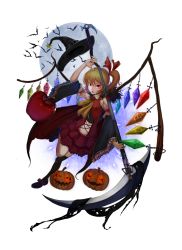 Rule 34 | 1girl, alternate costume, apple, arm up, bat (animal), black thighhighs, blonde hair, crystal, detached sleeves, flandre scarlet, food, fruit, full body, full moon, glowing, glowing eyes, hair ribbon, hat, jack-o&#039;-lantern, long sleeves, looking at viewer, midriff, moon, nail polish, navel, open mouth, recare, red eyes, ribbon, scythe, shirt, shoes, side ponytail, single thighhigh, skirt, solo, thighhighs, touhou, transparent background, vest, wide sleeves, wings, witch hat