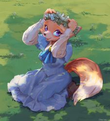 Rule 34 | 1girl, :3, absurdres, animal ears, animal nose, arms up, artist name, ascot, blue ascot, blue dress, body fur, boots, breasts, brooch, brown footwear, dappled sunlight, day, dress, female focus, flower, flower wreath, fox ears, fox girl, fox tail, frilled dress, frills, full body, furry, furry female, grass, green background, happy, highres, jewelry, kneeling, layered sleeves, long sleeves, looking up, medium breasts, on ground, open mouth, orange fur, original, outdoors, purple eyes, short over long sleeves, short sleeves, signature, sitting, smile, snout, solo, sunlight, tail, tanishi (tanisi tanbo), two-tone fur, wariza, white flower, white fur