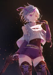 Rule 34 | 1girl, arm up, belt, boots, collar, commentary request, contender (girls&#039; frontline), dark background, detached sleeves, dying (dying0414), exposed pocket, girls&#039; frontline, gloves, grey hair, gun, handgun, holding, holding gun, holding weapon, looking at viewer, multicolored hair, partial commentary, pistol, pocket, purple eyes, purple hair, purple shorts, rifle-caliber handgun, rifle-caliber pistol, see-through, shirt, shoelaces, short hair, short shorts, shorts, simple background, solo, standing, streaked hair, thigh boots, thighhighs, thompson/center contender, upper body, weapon