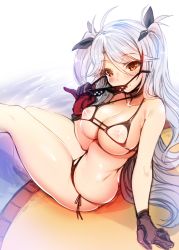 Rule 34 | 1girl, absurdres, antenna hair, arm support, azur lane, bare shoulders, bikini, blush, breasts, cleavage, collarbone, covered erect nipples, deal with it (meme), gloves, harigane shinshi, highres, large breasts, long hair, looking at viewer, meme, meme attire, micro bikini, orange eyes, prinz eugen (azur lane), red gloves, removing eyewear, see-through, silver hair, sitting, sketch, solo, sunglasses, swimsuit, two side up