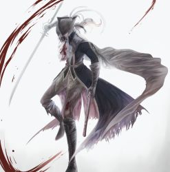Rule 34 | 1girl, ascot, black coat, blonde hair, blood, blood on clothes, bloodborne, boots, brown cape, brown footwear, brown gloves, cape, coat, double-blade, facing viewer, full body, gloves, gradient background, grey background, gun, hat, hat feather, highres, holding, holding gun, holding sword, holding weapon, itsuki (itsukiovo), lady maria of the astral clocktower, long hair, looking down, pants, ponytail, rakuyo (bloodborne), solo, striped clothes, striped pants, sword, torn clothes, torn coat, tricorne, weapon