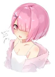 Rule 34 | 1girl, :d, absurdres, bare shoulders, blush, breasts, camisole, cleavage, commentary request, cropped torso, hair ornament, hair over one eye, hairclip, highres, jacket, looking at viewer, mayogii, off shoulder, open clothes, open jacket, open mouth, original, pink hair, pink jacket, ram (re:zero), red eyes, short hair, signature, simple background, small breasts, smile, solo, translation request, upper body, white background, white camisole, x hair ornament