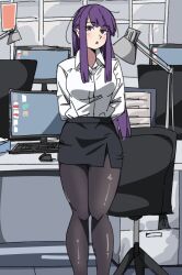 Rule 34 | 1girl, arms behind back, black pantyhose, blush, breasts, chair, contemporary, desk lamp, fern (sousou no frieren), highres, lamp, long hair, looking at viewer, monitor, mouse (computer), office lady, open mouth, pantyhose, pencil skirt, perutore, purple eyes, purple hair, skirt, solo, sousou no frieren