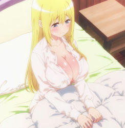 Rule 34 | 1girl, anime screenshot, bed, blonde hair, blue eyes, blush, breasts, cleavage, collarbone, enome, futoku no guild, highres, huge breasts, long hair, long sleeves, mature female, naked shirt, no bra, screencap, shirt, stitched, sweat, third-party edit, wet, wet clothes, wet shirt, white shirt