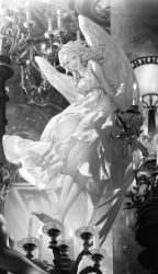 Rule 34 | 1girl, :d, angel wings, arm support, barefoot, blurry, blurry background, breasts, chandelier, crossed legs, depth of field, dress, floating hair, from below, full body, greyscale, happy, highres, large breasts, looking at viewer, monochrome, open mouth, original, smile, vlfdus 0, wings