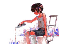 Rule 34 | androgynous, bandaid, bandaid on knee, bandaid on leg, black hair, blue eyes, bottle, cast, character request, child, chinese commentary, commentary request, copyright request, crutch, dog tags, eromkk, from side, gender request, grey shorts, highres, holding, holding bottle, looking away, looking to the side, original, plant, pouring, profile, short hair, shorts, sitting, solo, tank top, venus flytrap, white background, white tank top