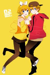Rule 34 | 1boy, 1girl, :q, bad id, bad pixiv id, baseball cap, blonde hair, blue eyes, brother and sister, casual, earrings, hair ornament, hair ribbon, hairclip, holding hands, hat, hetero, highres, hood, hoodie, jewelry, juvenile (vocaloid), kagamine len, kagamine rin, komine, pantyhose, ribbon, shoes, short hair, siblings, sneakers, string, string of fate, tongue, tongue out, twins, vocaloid