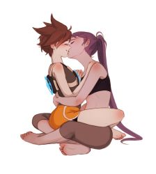 Rule 34 | 2girls, alternate costume, bare shoulders, barefoot, blush, brown hair, chest harness, closed eyes, collarbone, couple, crop top, earrings, feet, freckles, from side, full body, grey shirt, grey shorts, harness, hug, jewelry, kiss, long hair, multiple girls, no goggles, orange shorts, overwatch, overwatch 1, parted bangs, perio 67, ponytail, purple hair, shirt, short hair, short shorts, shorts, simple background, sitting, sleeveless, sleeveless shirt, smile, spiked hair, tracer (overwatch), white background, widowmaker (overwatch), yuri