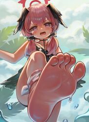 Rule 34 | 1girl, barefoot, bikini, black bikini, black bow, black wings, blue archive, blush, bow, day, dokomon, feathered wings, feathers, feet, floral print, foot focus, from below, hair bow, halo, head wings, highres, koharu (blue archive), koharu (swimsuit) (blue archive), low twintails, official alternate costume, outdoors, pink eyes, pink hair, print bikini, sidelocks, soles, solo, summer, swimsuit, teeth, toes, twintails, upper teeth only, v-shaped eyebrows, wings