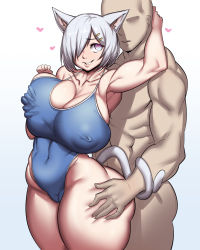 Rule 34 | 1boy, 1girl, animal ears, armpits, blue eyes, grabbing another&#039;s breast, breasts, cameltoe, cat ears, cat tail, covered erect nipples, curvy, deep skin, from behind, grabbing, grey hair, hamakaze (kancolle), hand on ass, hand under clothes, heart, heart-shaped pupils, hetero, highres, huge breasts, kantai collection, muscular, natedecock, one-piece swimsuit, parted lips, plump, short hair, smile, swimsuit, symbol-shaped pupils, tail, thick thighs, thighs, white hair, wide hips