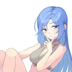 Rule 34 | 1girl, :&gt;, bare shoulders, blue eyes, blue hair, borrowed character, breasts, cleavage, closed mouth, clothing cutout, coffeekite, crop top, forehead, halterneck, knees up, long hair, looking at viewer, medium breasts, bae minah (chaesu), multicolored eyes, orange eyes, original, parted hair, shirt, simple background, sitting, solo, swept bangs, tied shirt, turtleneck, upper body, v over mouth, white background