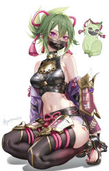 Rule 34 | 1girl, absurdres, animalization, bare shoulders, black shirt, black thighhighs, breasts, cat, commentary request, crop top, genshin impact, green hair, highres, jacket, kuki shinobu, looking at viewer, mask, medium breasts, midriff, mouth mask, navel, off shoulder, pottsness, purple eyes, purple jacket, seiza, shirt, short hair, short shorts, shorts, sitting, sleeveless, sleeveless shirt, stomach, thighhighs, thighs, toenails