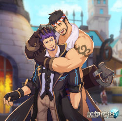 Rule 34 | 2boys, artist request, bara, beard, black hair, blue eyes, building, cloak, closed eyes, facial hair, forge, gloves, gyee, hammer, hand on another&#039;s head, headband, hug, leg hair, logo, loincloth, male focus, manly, master (gyee), multiple boys, muscular, muscular male, official art, pants, purple hair, shirt, sig (gyee), smile, tattoo, thick arms, thick eyebrows, tools, topless male, towel