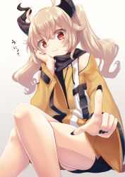 Rule 34 | 1girl, absurdres, black nails, black shorts, brown hair, closed mouth, commentary request, crossed legs, feet out of frame, getsuyou yasumi, gradient background, grey background, hair between eyes, highres, horns, jacket, kagase uno, long hair, long sleeves, looking at viewer, nail polish, pointing, pointing at viewer, red eyes, short shorts, shorts, smile, solo, translation request, twintails, versen, virtual youtuber, white background, wide sleeves, yellow jacket