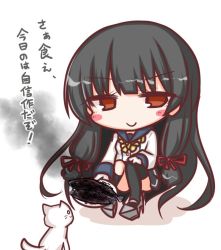 Rule 34 | 1girl, animal, black hair, black skirt, black socks, blue sailor collar, blush stickers, brown eyes, burnt food, cat, closed mouth, commentary request, fish, food, gloves, holding, holding plate, isokaze (kancolle), kantai collection, kneehighs, komakoma (magicaltale), long hair, long sleeves, plate, pleated skirt, sailor collar, saury, school uniform, serafuku, shadow, shirt, single kneehigh, single sock, single thighhigh, skirt, smile, smoke, socks, solo, squatting, thighhighs, v-shaped eyebrows, very long hair, white background, white cat, white gloves, white shirt