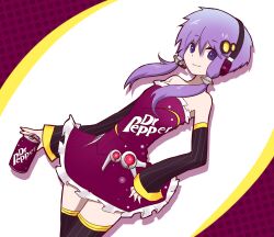 Rule 34 | 1girl, adapted costume, bare shoulders, black sleeves, black thighhighs, border, breasts, can, closed mouth, commentary request, cowboy shot, detached sleeves, dr pepper, dress, drink can, drop shadow, dutch angle, food-themed clothes, hair ornament, headset, highres, hip gear, holding, holding can, kakihito shirazu, long hair, oval background, pinstripe legwear, pinstripe pattern, product girl, purple border, purple dress, purple eyes, purple hair, ribbed dress, short dress, short hair with long locks, sidelocks, simple background, small breasts, smile, soda, soda can, solo, standing, strapless, strapless dress, thighhighs, vocaloid, voiceroid, white background, yuzuki yukari