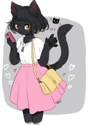 Rule 34 | 1girl, absurdres, animal ears, black hair, brown eyes, cat ears, cat tail, cellphone, furry, furry female, highres, holding, holding phone, looking at viewer, pawpads, phone, short hair, smartphone, solo, tai tai kun, tail, waving