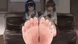 Rule 34 | 2girls, barefoot, black hair, blush, brown eyes, brown hair, closed eyes, couch, feet, foot focus, hairband, highres, long hair, looking at viewer, multiple girls, open mouth, ponytail, school uniform, smile, soles, steam, sweat, toes