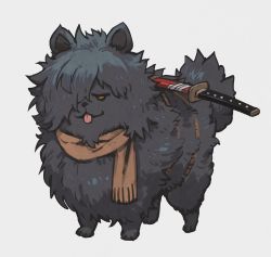 Rule 34 | :p, animal focus, animalization, brown scarf, commentary request, dog, fate/grand order, fate (series), fluffy, full body, grey background, highres, jitome, katana, lack, looking at viewer, no humans, okada izou (dog) (fate), okada izou (fate), scabbard, scarf, sheath, simple background, solo, sword, tongue, tongue out, weapon