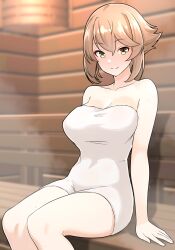 Rule 34 | 1girl, blush, breasts, brown hair, cleavage, closed mouth, collarbone, commentary request, furaggu (frag 0416), green eyes, highres, kantai collection, large breasts, mutsu (kancolle), naked towel, sauna, short hair, sitting, smile, steam, towel