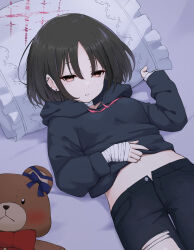 Rule 34 | 1girl, absurdres, black hair, black hoodie, black pants, blue archive, breasts, halo, highres, hood, hoodie, long sleeves, misaki (blue archive), open mouth, pants, pillow, red eyes, red halo, shiroiurushi, short hair, small breasts, solo, stuffed animal, stuffed toy, teddy bear, torn clothes, torn pants