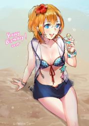 Rule 34 | 10s, 1girl, 2015, bangle, beach, bendy straw, bikini, bikini under clothes, blue bikini, blue eyes, blue skirt, blush, bracelet, breasts, brown hair, cocktail, cocktail glass, cowboy shot, crossed arms, cup, dated, drinking glass, drinking straw, earrings, eyelashes, flower, food, front-tie bikini top, front-tie top, fruit, gradient background, hair between eyes, hair flower, hair ornament, happy birthday, hibiscus, jewelry, kosaka honoka, lemon, lemon slice, lilaccu, looking away, looking to the side, love live!, love live! school idol festival, love live! school idol project, miniskirt, on ground, open fly, open mouth, print bikini, side ponytail, signature, sitting, skirt, smile, solo, star (symbol), star earrings, star print, swimsuit, swimsuit under clothes, unzipped