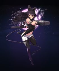 Rule 34 | 1girl, asymmetrical sleeves, black bow, black footwear, black hair, black pantyhose, black sleeves, blake belladonna, boots, bow, detached sleeves, floating hair, full body, gun, hair bow, highres, holding, holding gun, holding weapon, leg up, long hair, long sleeves, midriff, navel, pantyhose, pantyhose under shorts, rwby, short shorts, shorts, single sleeve, solo, standing, standing on one leg, stomach, uneven sleeves, uyalago, very long hair, weapon, white shorts, yellow eyes