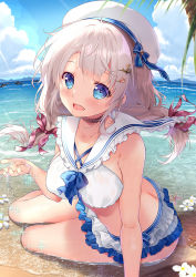 Rule 34 | 1girl, arm support, beach, blue eyes, blue skirt, blue sky, collarbone, commentary request, day, grey hair, hair blowing, hair ornament, hair ribbon, hairclip, hat, hat ribbon, highres, lens flare, looking at viewer, mikeou, ocean, open mouth, original, outdoors, palm tree, ribbon, sailor bikini, sailor collar, sitting, skirt, sky, smile, solo, star (symbol), star hair ornament, sunlight, teeth, tree, upper teeth only, white hat, white sailor collar