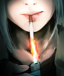 Rule 34 | 1girl, alternate costume, black shirt, c.parfait, cigarette, close-up, closed mouth, commentary request, fire, head out of frame, highres, holding, holding lighter, kizuna akari, lighter, lighting cigarette, lips, mouth focus, mouth hold, shirt, smoking, solo, vignetting, vocaloid, voiceroid, white hair
