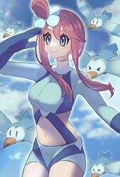 Rule 34 | 1girl, absurdres, asatte 3z, bird, blue eyes, blue gloves, blue jacket, blue shorts, closed mouth, cloud, commentary request, cowboy shot, creatures (company), crop top, cropped jacket, day, eyelashes, game freak, gen 3 pokemon, gloves, hair ornament, hand up, highres, jacket, midriff, navel, nintendo, one side up, outdoors, pokemon, pokemon (creature), pokemon bw, red hair, short hair with long locks, short shorts, shorts, sidelocks, sky, skyla (pokemon), smile, wingull