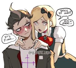Rule 34 | 1boy, 1girl, barry nah, bite mark, biting, black hair, blonde hair, blush, bow, brown jacket, closed mouth, collared shirt, commentary, danganronpa (series), danganronpa 2: goodbye despair, derivative work, dress, english commentary, english text, grey eyes, grey hair, hair bow, hetero, heterochromia, jacket, jewelry, looking at another, multicolored hair, neck biting, open clothes, open jacket, open mouth, print shirt, puffy short sleeves, puffy sleeves, red bow, red eyes, scarf, shirt, short hair, short sleeves, sideways glance, simple background, sonia nevermind, speech bubble, tanaka gundham, twitter username, upper body, white background, white shirt