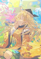 Rule 34 | 1girl, artist name, black hat, blonde hair, breasts, brown hat, bush, closed mouth, commentary, constellation print, detached sleeves, door, energy, english commentary, flower, green skirt, hair between eyes, hand on own face, hand up, hat, highres, kyuutame, leaf, long hair, long sleeves, looking at viewer, matara okina, medium breasts, open door, orange sleeves, orange tabard, petals, pink flower, puffy long sleeves, puffy sleeves, shirt, sitting, skirt, smile, snowflakes, solo, sun, tabard, touhou, white shirt, wide sleeves, yellow eyes