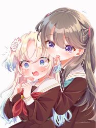 Rule 34 | 2girls, @ @, ^^^, aqua neckerchief, behind another, blonde hair, blue eyes, blue hair, blush, brown dress, brown hair, commentary, dress, flower, fujishima megumi, fukune koko, gradient hair, hair flower, hair ornament, hand on another&#039;s cheek, hand on another&#039;s face, hand on another&#039;s shoulder, hasu no sora school uniform, highres, imminent bite, light blue hair, link! like! love live!, long hair, long sleeves, love live!, mira-cra park!, multicolored hair, multiple girls, neckerchief, osawa rurino, parted bangs, pink flower, pleated dress, purple eyes, red neckerchief, sailor collar, sailor dress, sanpaku, school uniform, simple background, translation request, twintails, twitter username, two side up, upper body, virtual youtuber, white background, white flower, white sailor collar, winter uniform, yuri