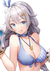 Rule 34 | 1girl, :q, animal hands, bad id, bad pixiv id, bare arms, bare shoulders, bikini, blue bikini, blue choker, blue eyes, braid, breasts, choker, cleavage, close-up, closed mouth, collarbone, front-tie bikini top, front-tie top, gloves, hair ornament, hairband, hairclip, halterneck, hands up, honkai (series), honkai impact 3rd, jewelry, kiana kaslana, large breasts, long hair, looking at viewer, low twintails, lunacle, necklace, paw gloves, silver hair, simple background, smile, solo, star (symbol), swimsuit, tongue, tongue out, twin braids, twintails, upper body, white background