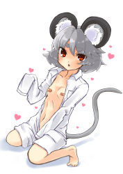 Rule 34 | 1girl, absurdres, animal ears, bandaid, bandaids on nipples, barefoot, bottomless, female focus, flat chest, grey hair, heart, highres, kneeling, mouse ears, mouse tail, naked shirt, navel, nazrin, open clothes, open shirt, oversized clothes, pasties, red eyes, shirt, short hair, solo, tail, touhou, usa-pom, white shirt