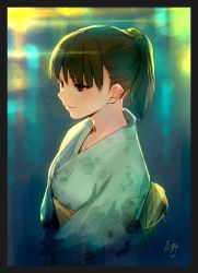 Rule 34 | 1girl, black hair, earrings, gradient background, green kimono, japanese clothes, jewelry, kimono, original, ponytail, smile, solo, yukata, yuranpo