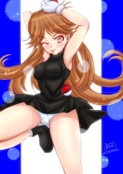 Rule 34 | 1girl, ;p, absurdres, bare legs, black dress, blue background, boots, breasts, brown eyes, brown hair, cameltoe, creatures (company), dress, game freak, gloves, green (pokemon), highres, long hair, matching hair/eyes, medium breasts, nintendo, one eye closed, panties, poke ball, poke ball (basic), pokemon, pokemon adventures, reno (yylew), short dress, sleeveless, sleeveless dress, thighs, tongue, tongue out, underwear, white background, white gloves, white panties, wink