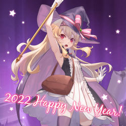 Rule 34 | 1girl, 2022, arm up, armpits, artist request, bag, black cloak, blonde hair, bloomers, bow, cloak, cowboy shot, dress, floating hair, gloves, hairband, happy new year, hat, hat bow, highres, holding, holding staff, little witch nobeta, long hair, new year, nobeta, official art, open mouth, purple headwear, red eyes, shoulder bag, skindentation, sleeveless, sleeveless dress, solo, staff, star (sky), striped clothes, striped dress, thighhighs, underwear, vertical-striped clothes, vertical-striped dress, white gloves, witch hat
