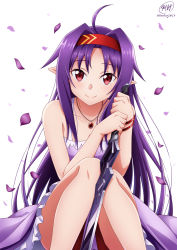 Rule 34 | 1girl, ahoge, bare shoulders, blush, bracelet, collarbone, commentary request, dress, feet out of frame, hairband, highres, holding, holding sword, holding weapon, jewelry, ken-ji, knees up, long hair, looking at viewer, necklace, parted bangs, petals, pointy ears, purple hair, red hairband, signature, simple background, sitting, smile, solo, sword, sword art online, weapon, white background, yuuki (sao)