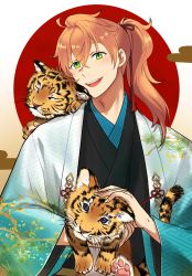 Rule 34 | 1boy, ahoge, chinese commentary, commentary request, fate/grand order, fate (series), green eyes, highres, holding, japanese clothes, long hair, long sleeves, male focus, open mouth, orange hair, ponytail, romani archaman, smile, tenoteno syumi, tiger