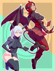Rule 34 | 2girls, arm belt, ass, black footwear, black gloves, black jacket, black legwear, blue eyes, blue hair, boots, breasts, closed mouth, commentary, commission, dark-skinned female, dark skin, demon girl, demon tail, demon wings, elbow gloves, expressionless, flying, gloves, hair between eyes, highres, jacket, large breasts, leotard, light smile, long sleeves, looking at viewer, materclaws, multicolored background, multiple girls, open clothes, open jacket, original, pantyhose, pleated skirt, pointy ears, puffy short sleeves, puffy sleeves, purple eyes, red gloves, red hair, red legwear, red skirt, short hair, short sleeves, skirt, smile, tail, thighhighs, two-tone background, wings