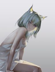 Rule 34 | 1girl, absurdres, alternate costume, animal ear fluff, animal ears, arknights, backless dress, backless outfit, bare shoulders, breasts, cat ears, cleavage, closed mouth, dress, from side, gradient background, grey background, grey eyes, grey hair, highres, kal&#039;tsit (arknights), leaning forward, lingear, long hair, looking at viewer, looking to the side, see-through, sitting, small breasts, solo, white dress