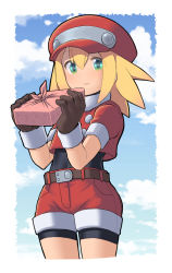 Rule 34 | 1girl, blonde hair, blush, cloud, day, green eyes, hat, highres, looking at viewer, mega man (series), mega man legends (series), open mouth, outdoors, red hat, roll caskett (mega man), sky, smile, solo