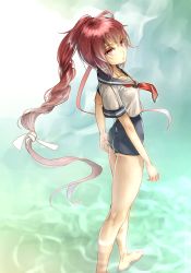 Rule 34 | 10s, 1girl, ass, beach, full body, hair ribbon, i-168 (kancolle), kantai collection, lips, long hair, looking at viewer, looking up, ocean, one-piece swimsuit, outdoors, ponytail, red hair, ribbon, school swimsuit, school uniform, serafuku, shinomiya shizuru, solo, swimsuit, swimsuit under clothes, water