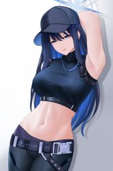 Rule 34 | 1girl, arm behind head, arm up, armpits, bare shoulders, baseball cap, belt, black belt, black hair, black hat, black pants, black shirt, blue archive, blue eyes, blue hair, breasts, buckle, closed mouth, commentary, covered collarbone, cowboy shot, crop top, drop shadow, gradient hair, hair between eyes, halo, hat, highres, large breasts, legs together, light smile, long hair, looking at viewer, midriff, multicolored hair, navel, no mask, pants, presenting armpit, saori (blue archive), shadow, shirt, simple background, sleeveless, sleeveless shirt, smitcuk, snap-fit buckle, solo, standing, star (symbol), taut clothes, taut shirt, underbust, white background