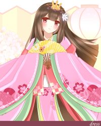 Rule 34 | 1girl, absurdres, blush, brown hair, closed mouth, english text, floral background, flower, folding fan, hair flower, hair ornament, hand fan, head tilt, headpiece, highres, hinamatsuri, holding, holding fan, japanese clothes, kimono, long hair, long sleeves, looking at viewer, non (wednesday-classic), original, pink kimono, red eyes, sleeves past wrists, smile, solo, very long hair, white flower, wide sleeves